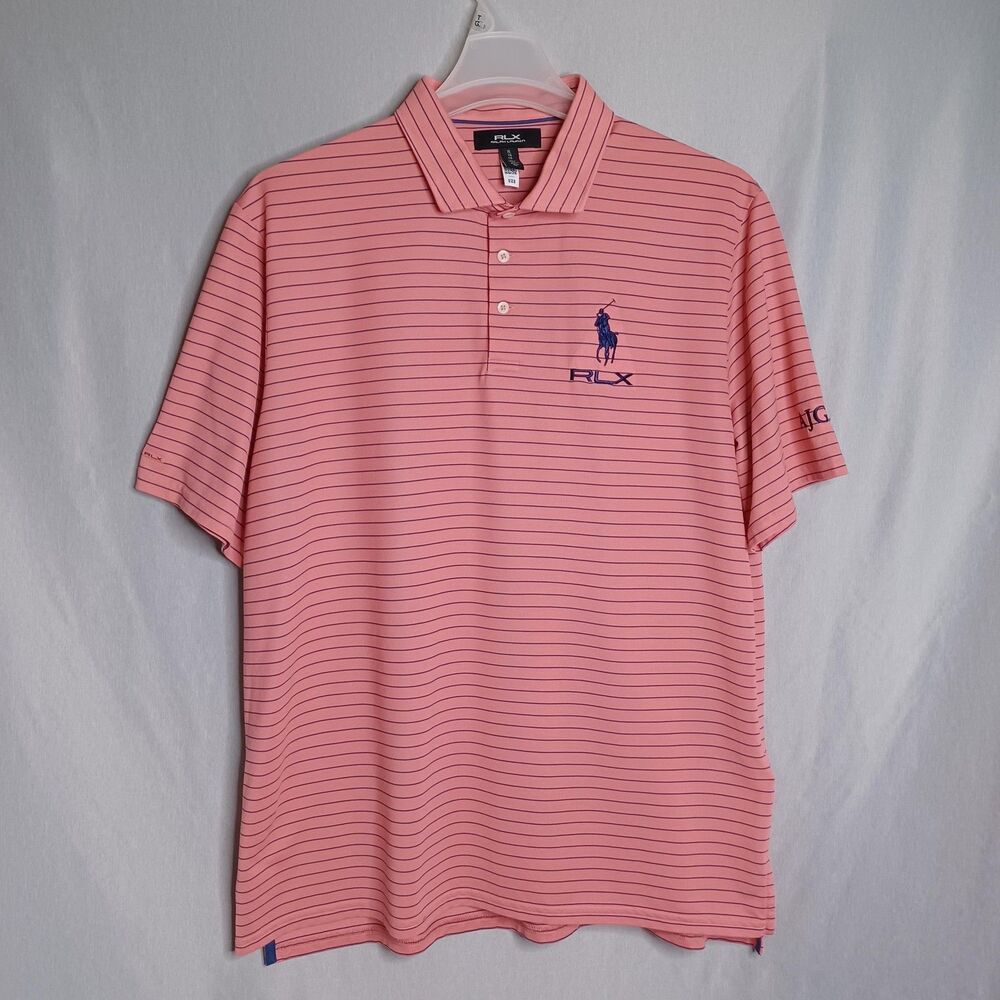 RLX Ralph Lauren Polo Shirt Mens XL Pink Striped AJGA Golf Top Performance